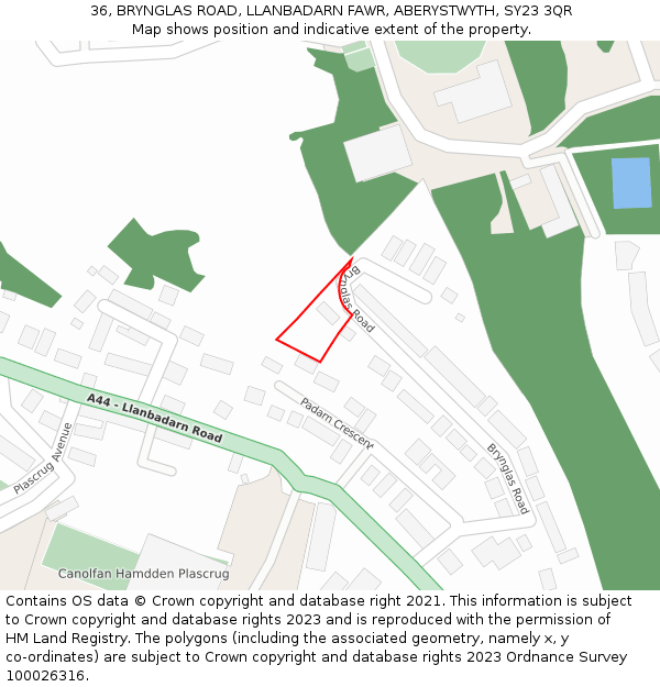 36, BRYNGLAS ROAD, LLANBADARN FAWR, ABERYSTWYTH, SY23 3QR: Location map and indicative extent of plot