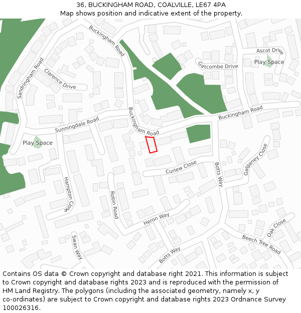 36, BUCKINGHAM ROAD, COALVILLE, LE67 4PA: Location map and indicative extent of plot