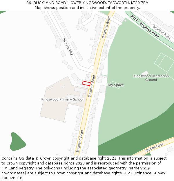 36, BUCKLAND ROAD, LOWER KINGSWOOD, TADWORTH, KT20 7EA: Location map and indicative extent of plot