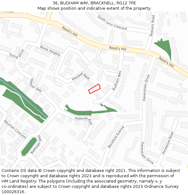 36, BUDHAM WAY, BRACKNELL, RG12 7PE: Location map and indicative extent of plot