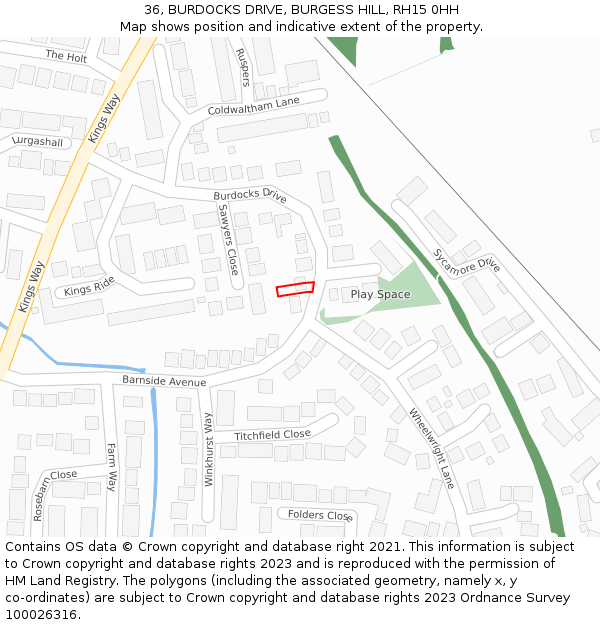 36, BURDOCKS DRIVE, BURGESS HILL, RH15 0HH: Location map and indicative extent of plot