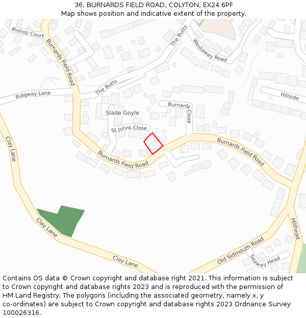 36, BURNARDS FIELD ROAD, COLYTON, EX24 6PF: Location map and indicative extent of plot