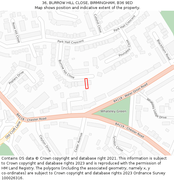 36, BURROW HILL CLOSE, BIRMINGHAM, B36 9ED: Location map and indicative extent of plot