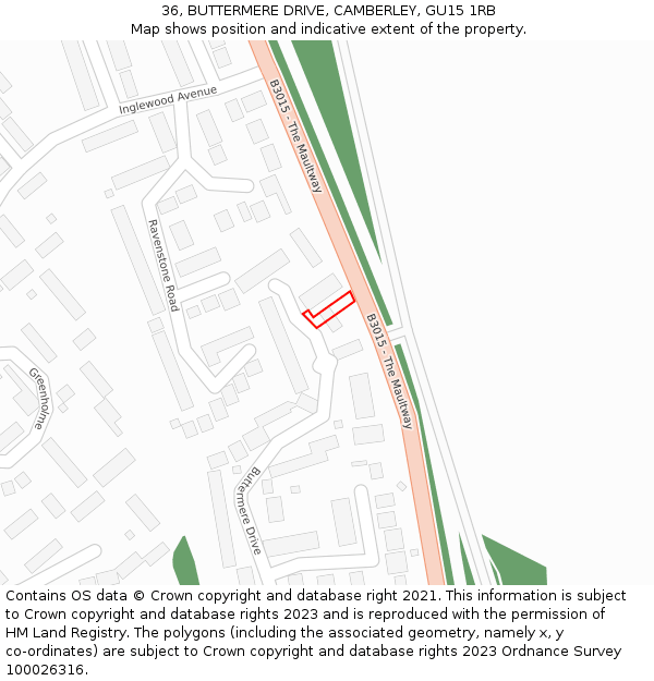 36, BUTTERMERE DRIVE, CAMBERLEY, GU15 1RB: Location map and indicative extent of plot