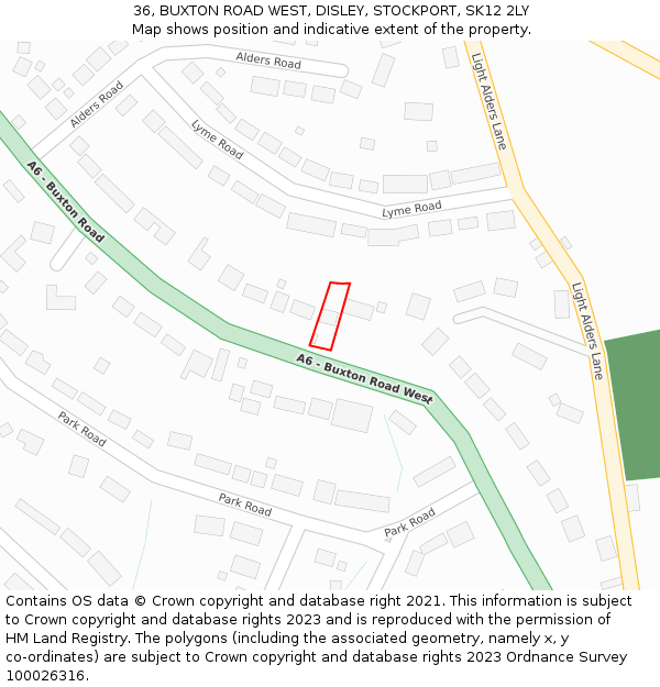 36, BUXTON ROAD WEST, DISLEY, STOCKPORT, SK12 2LY: Location map and indicative extent of plot