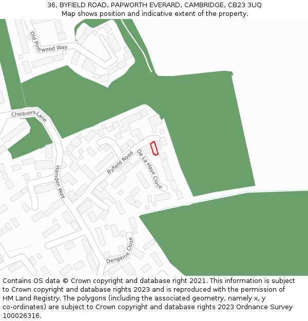 36, BYFIELD ROAD, PAPWORTH EVERARD, CAMBRIDGE, CB23 3UQ: Location map and indicative extent of plot