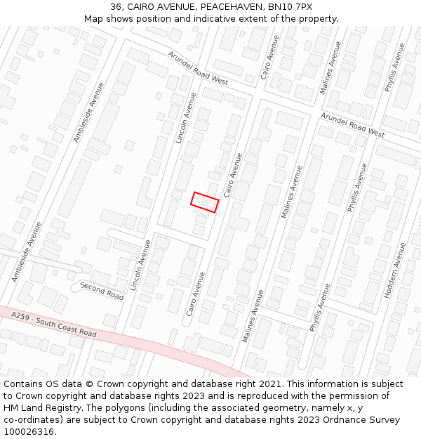 36, CAIRO AVENUE, PEACEHAVEN, BN10 7PX: Location map and indicative extent of plot