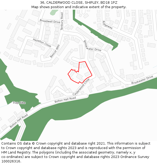 36, CALDERWOOD CLOSE, SHIPLEY, BD18 1PZ: Location map and indicative extent of plot
