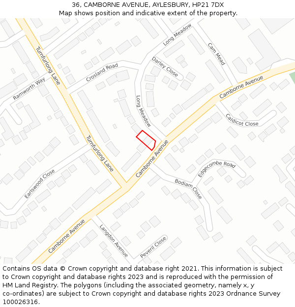 36, CAMBORNE AVENUE, AYLESBURY, HP21 7DX: Location map and indicative extent of plot