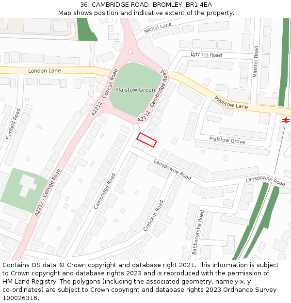 36, CAMBRIDGE ROAD, BROMLEY, BR1 4EA: Location map and indicative extent of plot