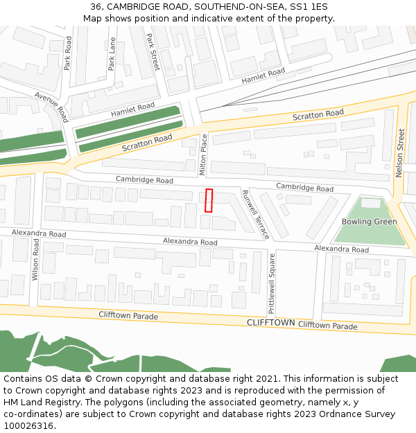 36, CAMBRIDGE ROAD, SOUTHEND-ON-SEA, SS1 1ES: Location map and indicative extent of plot