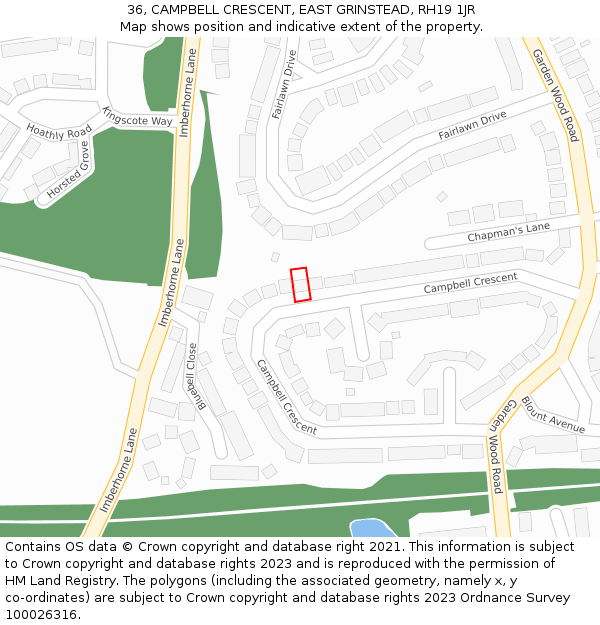 36, CAMPBELL CRESCENT, EAST GRINSTEAD, RH19 1JR: Location map and indicative extent of plot