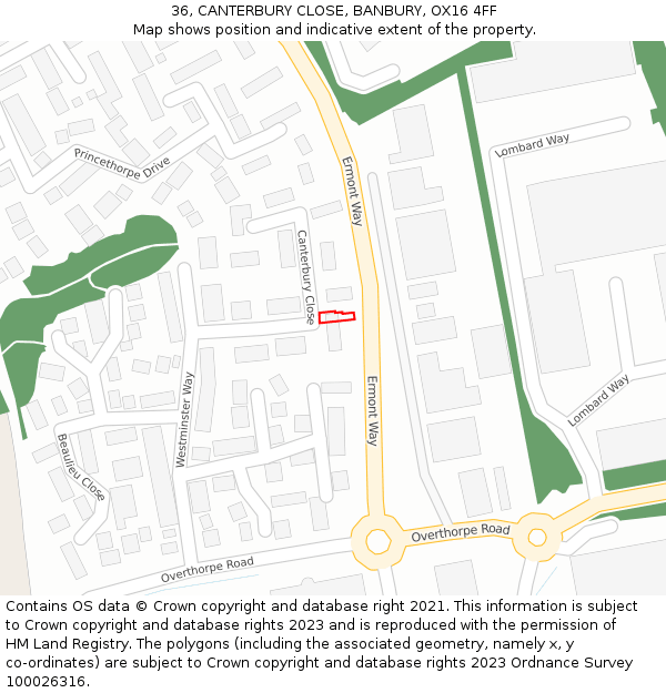 36, CANTERBURY CLOSE, BANBURY, OX16 4FF: Location map and indicative extent of plot