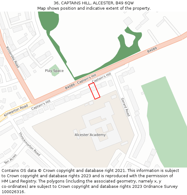 36, CAPTAINS HILL, ALCESTER, B49 6QW: Location map and indicative extent of plot