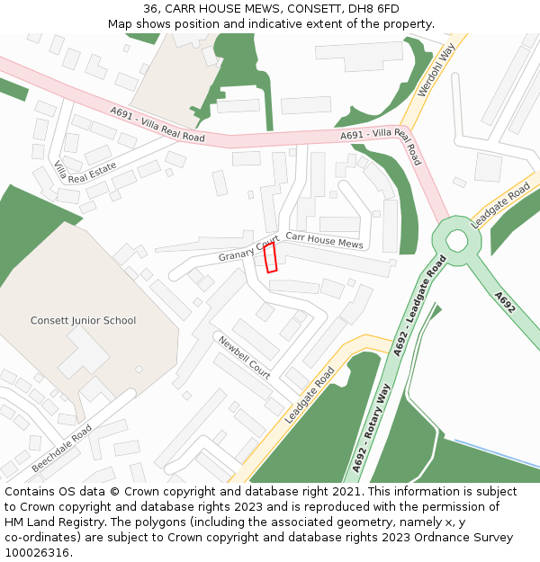 36, CARR HOUSE MEWS, CONSETT, DH8 6FD: Location map and indicative extent of plot