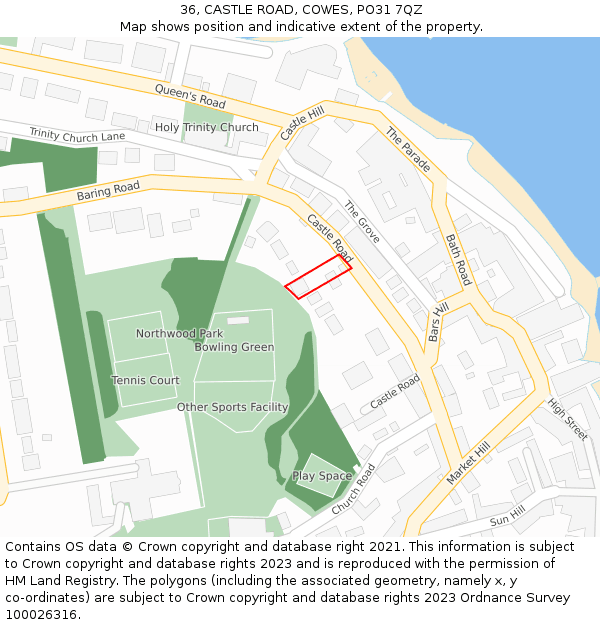 36, CASTLE ROAD, COWES, PO31 7QZ: Location map and indicative extent of plot