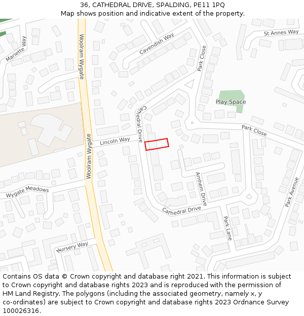 36, CATHEDRAL DRIVE, SPALDING, PE11 1PQ: Location map and indicative extent of plot