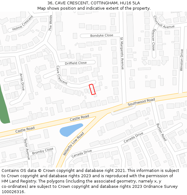 36, CAVE CRESCENT, COTTINGHAM, HU16 5LA: Location map and indicative extent of plot