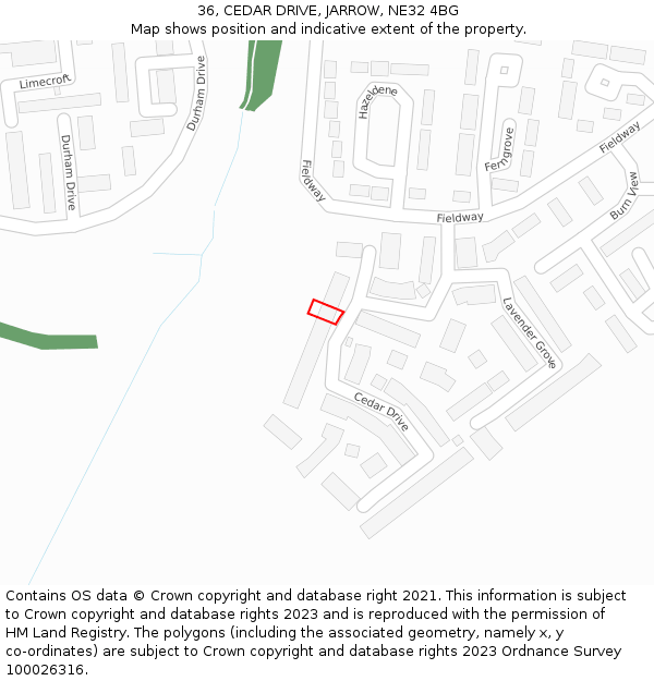 36, CEDAR DRIVE, JARROW, NE32 4BG: Location map and indicative extent of plot