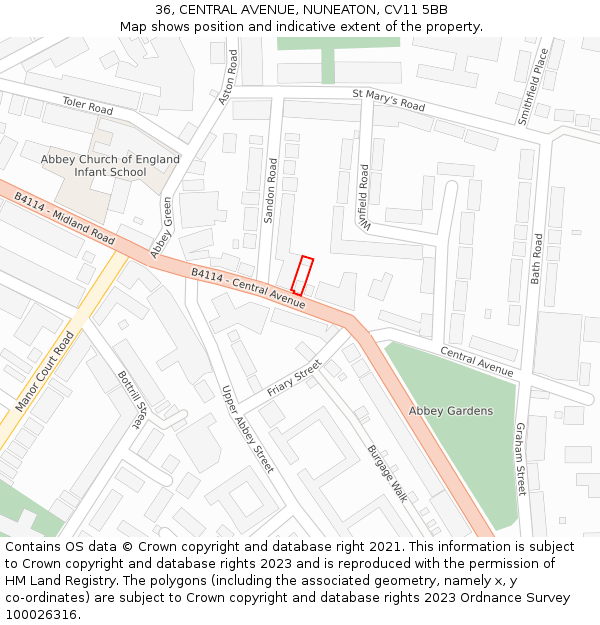 36, CENTRAL AVENUE, NUNEATON, CV11 5BB: Location map and indicative extent of plot