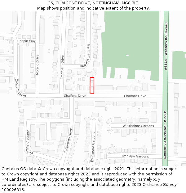 36, CHALFONT DRIVE, NOTTINGHAM, NG8 3LT: Location map and indicative extent of plot