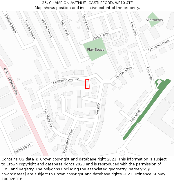 36, CHAMPION AVENUE, CASTLEFORD, WF10 4TE: Location map and indicative extent of plot