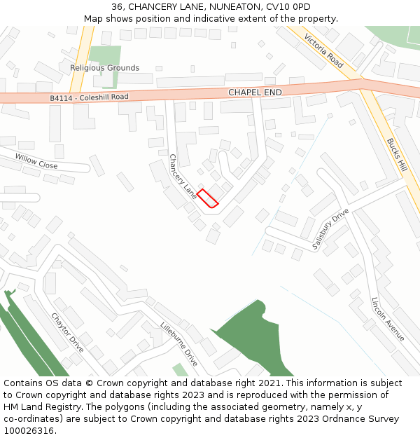 36, CHANCERY LANE, NUNEATON, CV10 0PD: Location map and indicative extent of plot