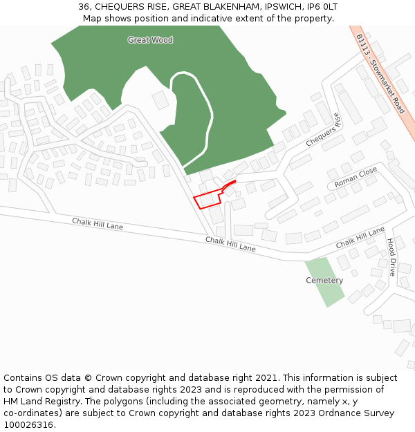 36, CHEQUERS RISE, GREAT BLAKENHAM, IPSWICH, IP6 0LT: Location map and indicative extent of plot