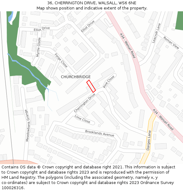 36, CHERRINGTON DRIVE, WALSALL, WS6 6NE: Location map and indicative extent of plot