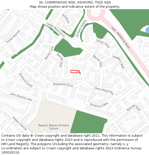 36, CHERRYWOOD RISE, ASHFORD, TN25 4QA: Location map and indicative extent of plot