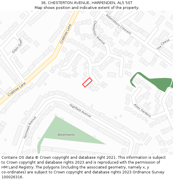 36, CHESTERTON AVENUE, HARPENDEN, AL5 5ST: Location map and indicative extent of plot