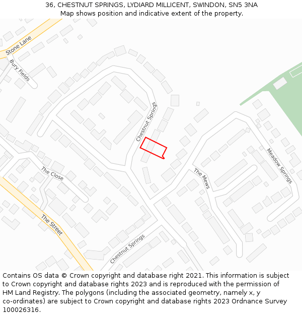 36, CHESTNUT SPRINGS, LYDIARD MILLICENT, SWINDON, SN5 3NA: Location map and indicative extent of plot