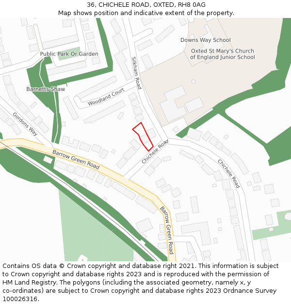 36, CHICHELE ROAD, OXTED, RH8 0AG: Location map and indicative extent of plot