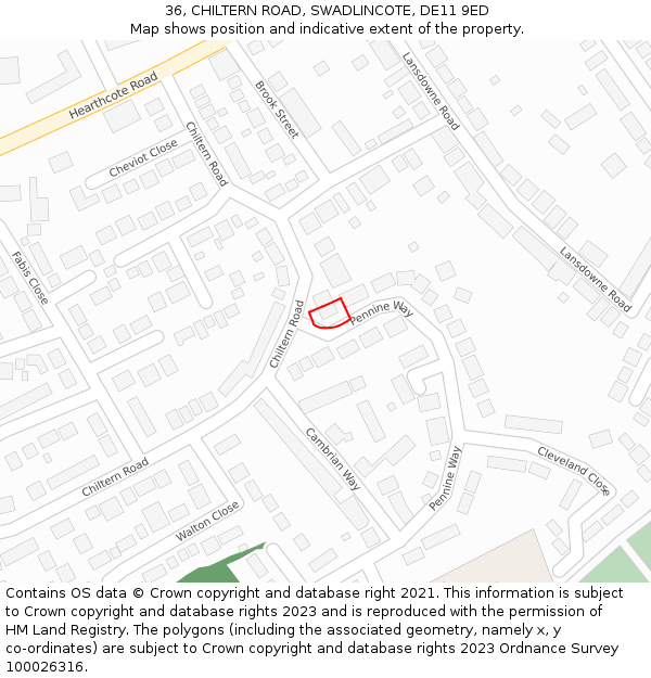 36, CHILTERN ROAD, SWADLINCOTE, DE11 9ED: Location map and indicative extent of plot