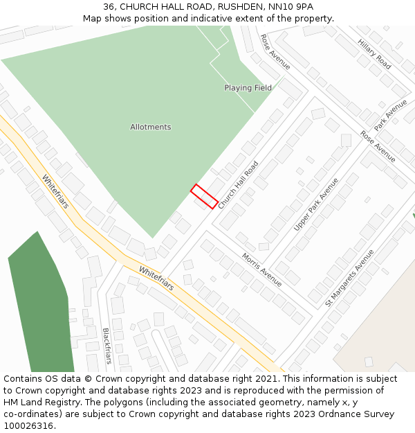 36, CHURCH HALL ROAD, RUSHDEN, NN10 9PA: Location map and indicative extent of plot