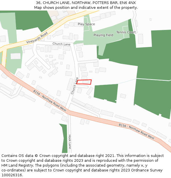 36, CHURCH LANE, NORTHAW, POTTERS BAR, EN6 4NX: Location map and indicative extent of plot