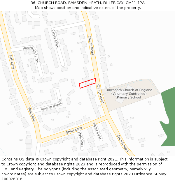 36, CHURCH ROAD, RAMSDEN HEATH, BILLERICAY, CM11 1PA: Location map and indicative extent of plot