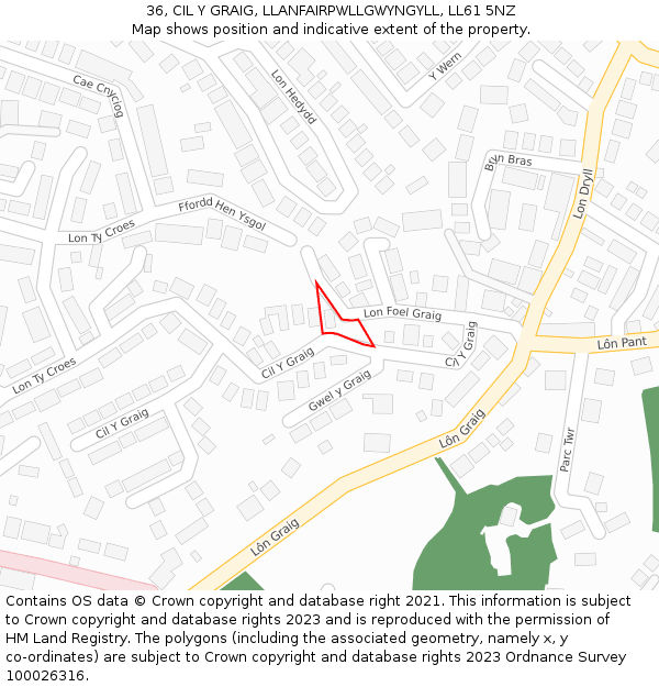 36, CIL Y GRAIG, LLANFAIRPWLLGWYNGYLL, LL61 5NZ: Location map and indicative extent of plot