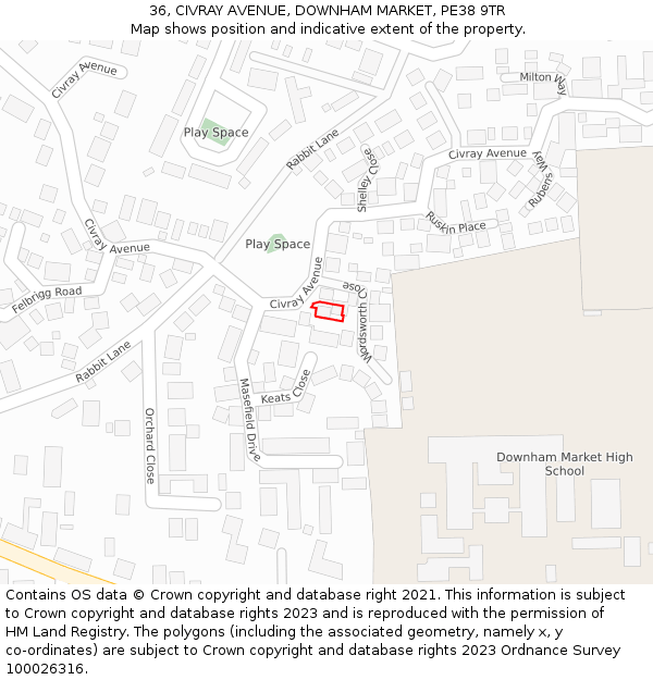 36, CIVRAY AVENUE, DOWNHAM MARKET, PE38 9TR: Location map and indicative extent of plot