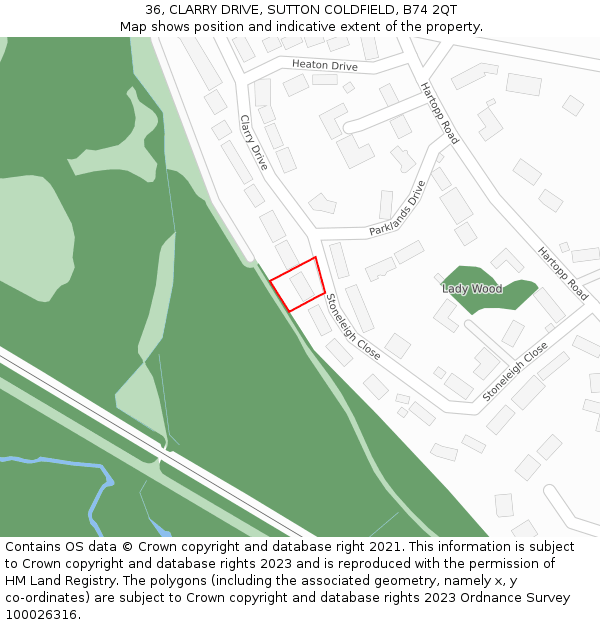 36, CLARRY DRIVE, SUTTON COLDFIELD, B74 2QT: Location map and indicative extent of plot