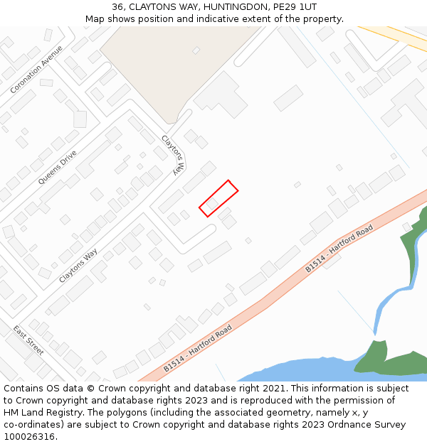 36, CLAYTONS WAY, HUNTINGDON, PE29 1UT: Location map and indicative extent of plot