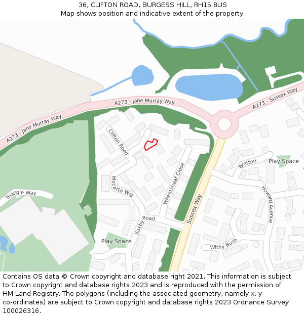 36, CLIFTON ROAD, BURGESS HILL, RH15 8US: Location map and indicative extent of plot