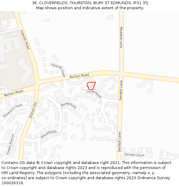 36, CLOVERFIELDS, THURSTON, BURY ST EDMUNDS, IP31 3TJ: Location map and indicative extent of plot