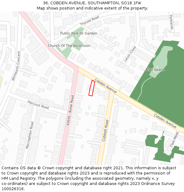 36, COBDEN AVENUE, SOUTHAMPTON, SO18 1FW: Location map and indicative extent of plot