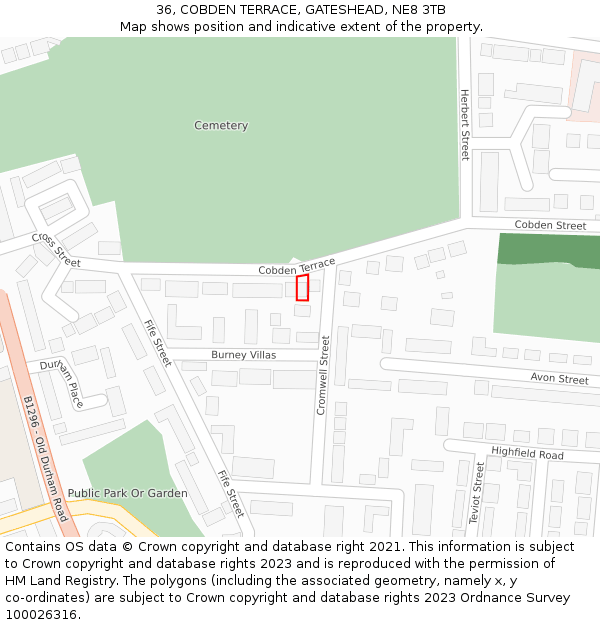 36, COBDEN TERRACE, GATESHEAD, NE8 3TB: Location map and indicative extent of plot