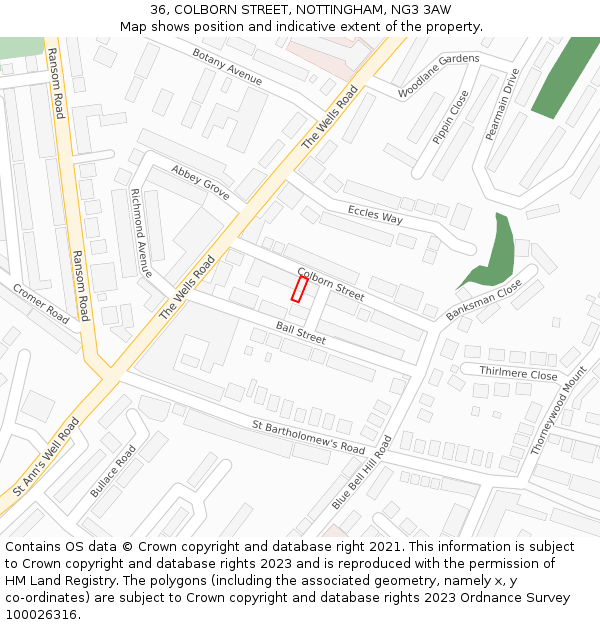 36, COLBORN STREET, NOTTINGHAM, NG3 3AW: Location map and indicative extent of plot