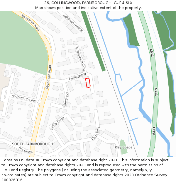 36, COLLINGWOOD, FARNBOROUGH, GU14 6LX: Location map and indicative extent of plot