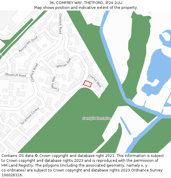 36, COMFREY WAY, THETFORD, IP24 2UU: Location map and indicative extent of plot