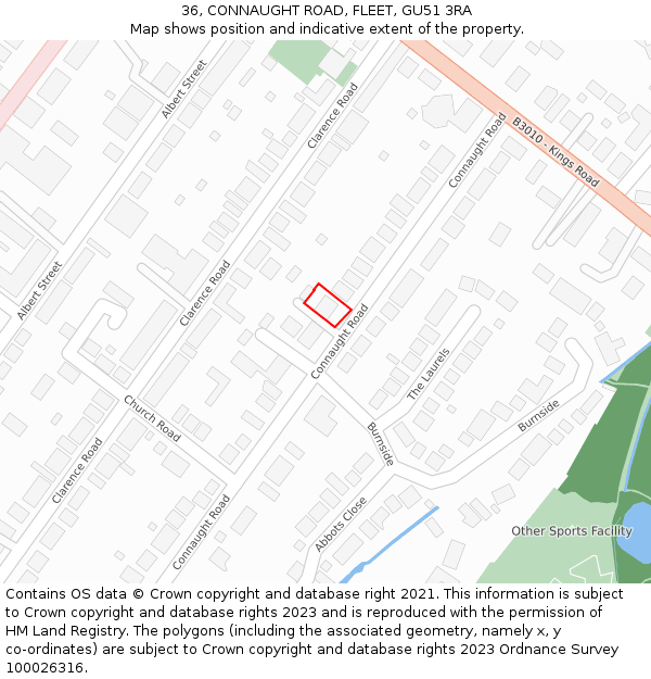 36, CONNAUGHT ROAD, FLEET, GU51 3RA: Location map and indicative extent of plot