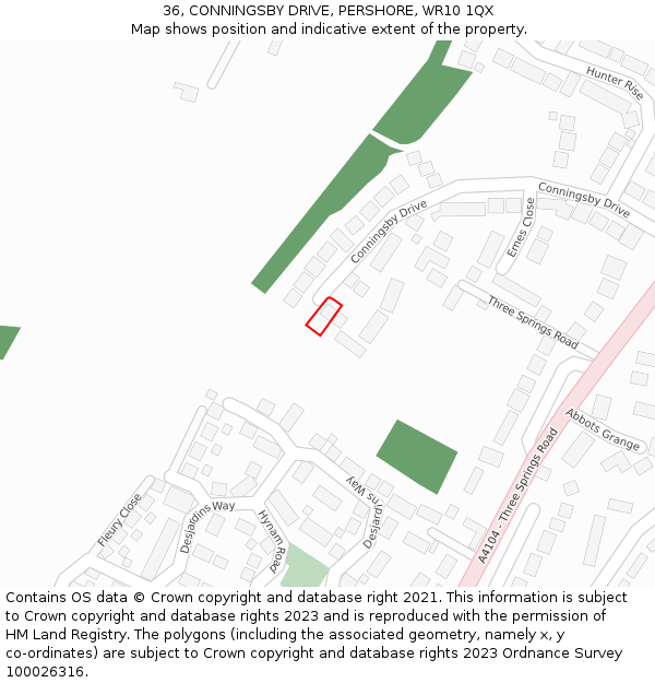 36, CONNINGSBY DRIVE, PERSHORE, WR10 1QX: Location map and indicative extent of plot